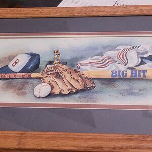 Vintage Home Interiors Wood Framed Picture "Big Hit" Baseball Bat Glove Hat Cute